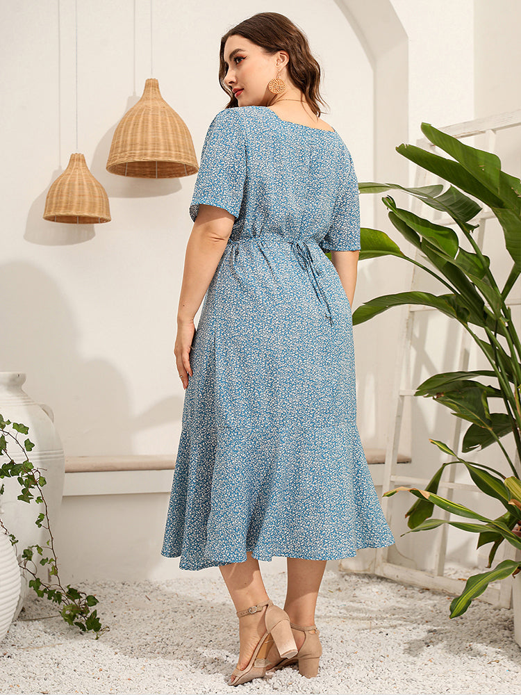 Plus Blue Floral Puff Sleeve Ruffle Hem Dress