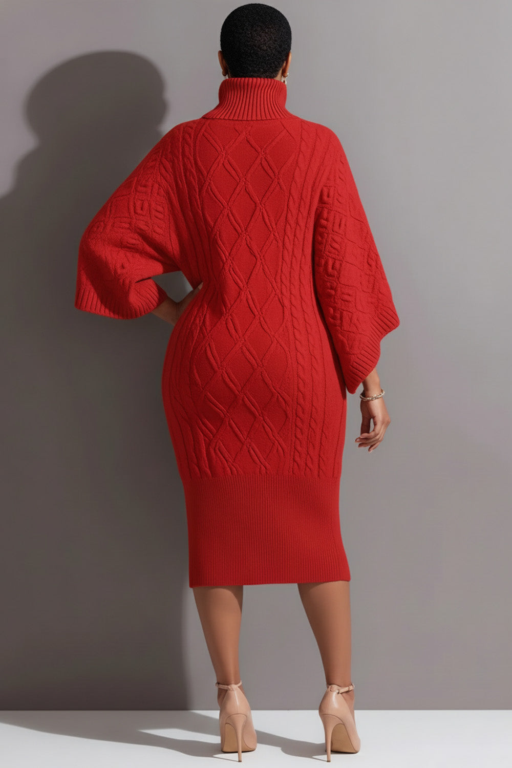 Xpluswear Design Plus Size Business Casual Red High Collar Flare Long Sleeve Bodycon Elegant Crochet Midi Dresses