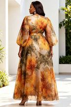 Xpluswear Design Plus Size Formal Orange Floral Round Neck Lantern Sleeve 3/4 Sleeve Pocket Organza Maxi Dresses [Pre-Order]