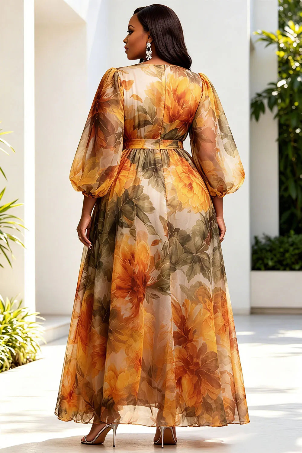 Xpluswear Design Plus Size Formal Orange Floral Round Neck Lantern Sleeve 3/4 Sleeve Pocket Organza Maxi Dresses [Pre-Order]