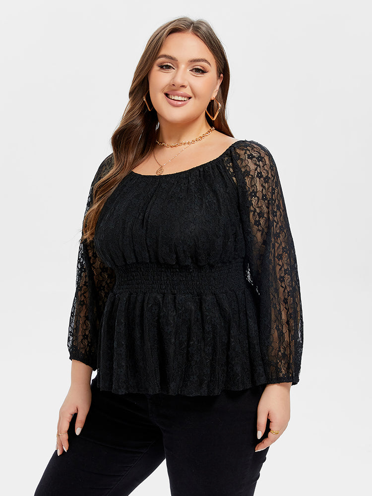 VIP Lace Sleeve Peplum Hem Elastic Waist Blouse