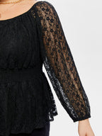 VIP Lace Sleeve Peplum Hem Elastic Waist Blouse