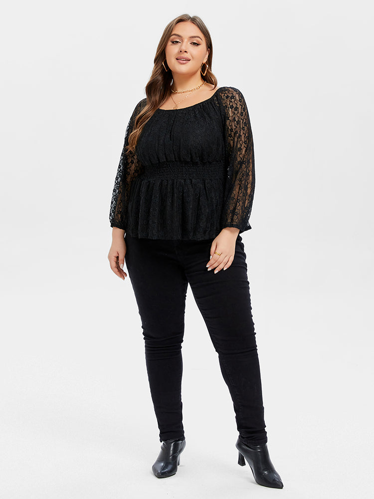 VIP Lace Sleeve Peplum Hem Elastic Waist Blouse