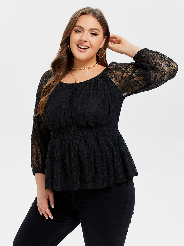 VIP Lace Sleeve Peplum Hem Elastic Waist Blouse