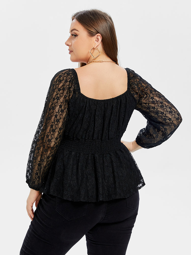 VIP Lace Sleeve Peplum Hem Elastic Waist Blouse
