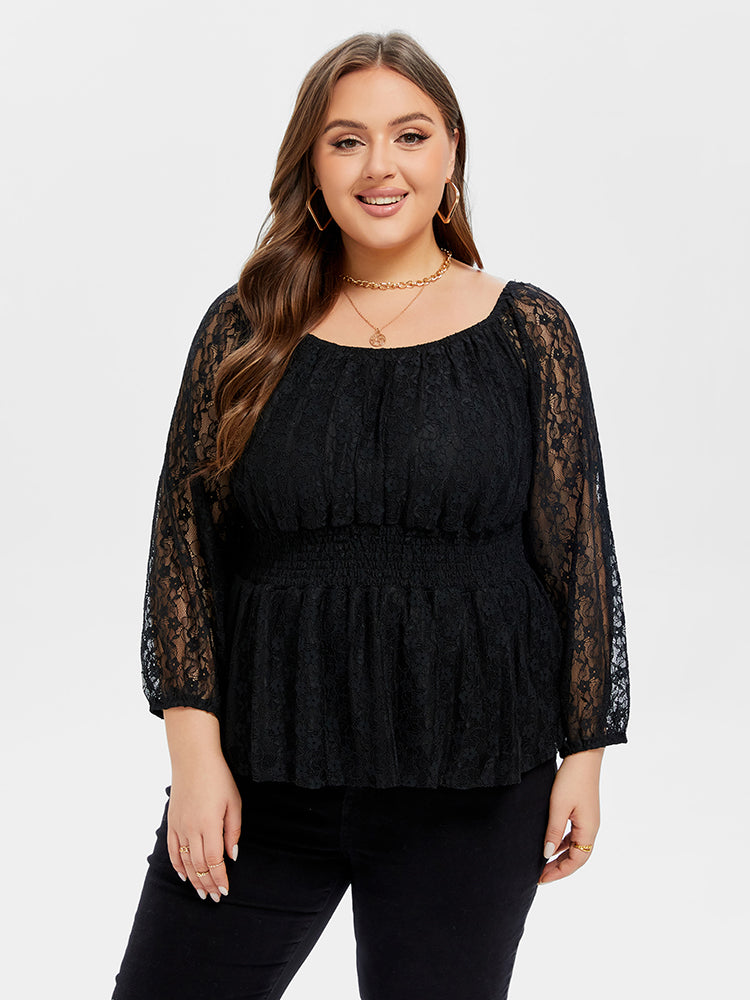 VIP Lace Sleeve Peplum Hem Elastic Waist Blouse