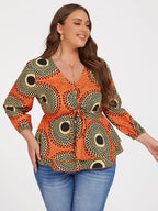 Plus Orange Tropical Print Tie Front Ruffle Blouse