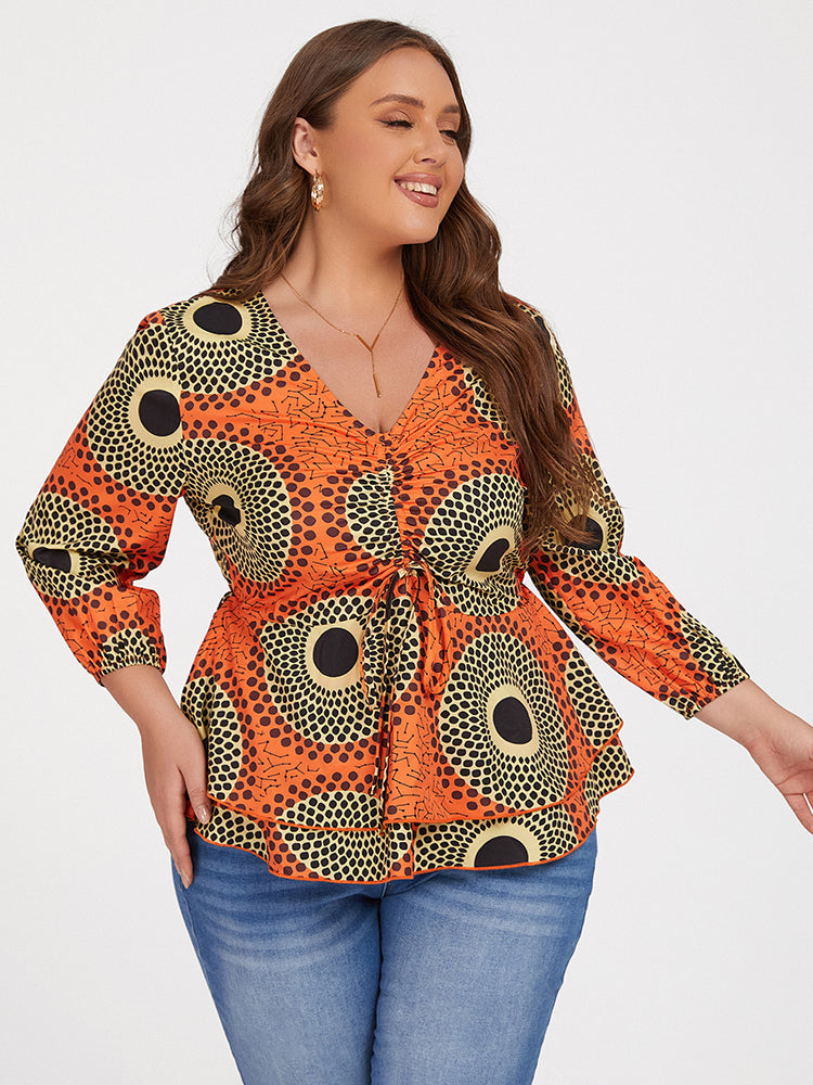 Plus Orange Tropical Print Tie Front Ruffle Blouse