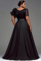 Xpluswear Design Plus Size Formal Organza Black V Neck Short Sleeve Ruffle Chiffon Maxi Dresses