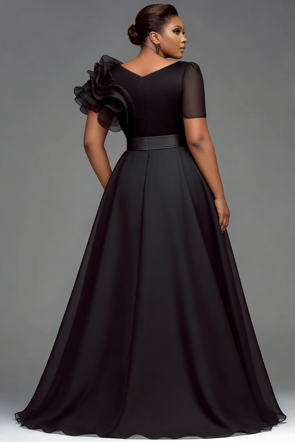 Xpluswear Design Plus Size Formal Organza Black V Neck Short Sleeve Ruffle Chiffon Maxi Dresses