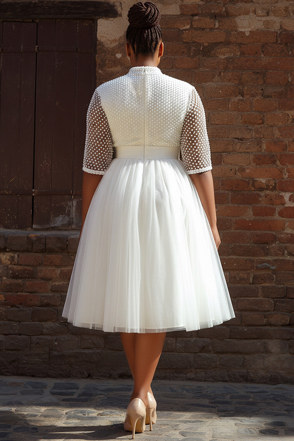 Xpluswear Design Plus Size Wedding White Round Neck Short Sleeve See Through Tulle Midi Dresses
