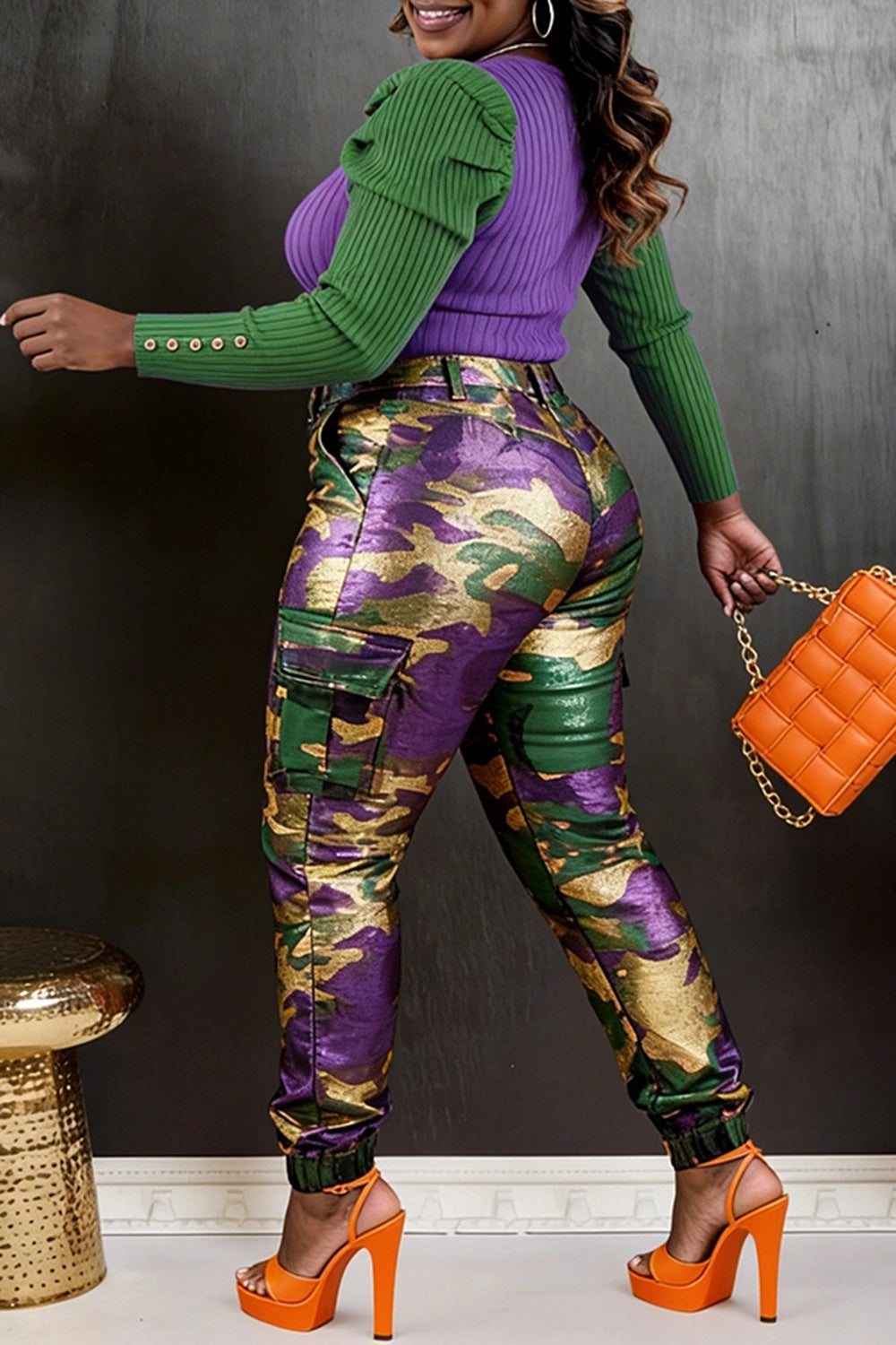 Plus Size Mardi Gras Multicolor Camo Cargo Jogging Metallic Pants