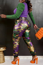 Plus Size Mardi Gras Multicolor Camo Cargo Jogging Metallic Pants