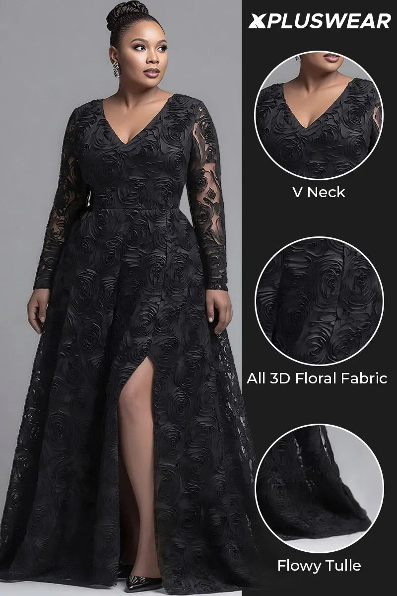 Xpluswear Design Plus Size Formal Black V Neck Long Sleeve 3D Elegant Split Tulle Maxi Dresses