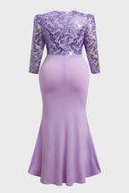 Curveins Plus Size Long Sleeve Lace Patchwork Sequin Maxi Dress with Round Neck