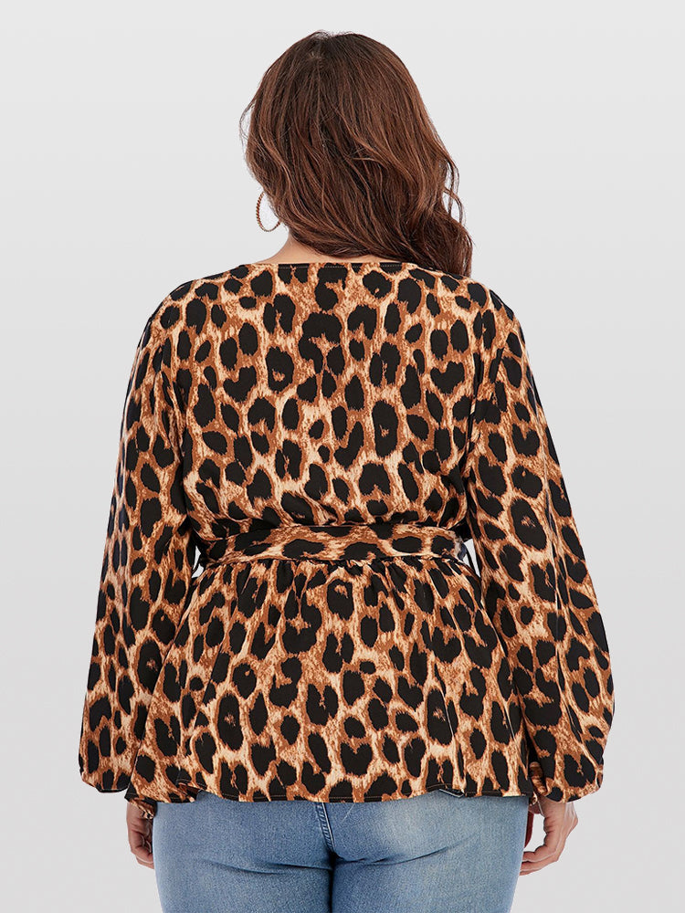 Plus Brown Leopard Print Puff Sleeve Crisscross Wrap Blouse