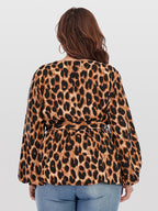 Plus Brown Leopard Print Puff Sleeve Crisscross Wrap Blouse