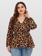 Plus Brown Leopard Print Puff Sleeve Crisscross Wrap Blouse