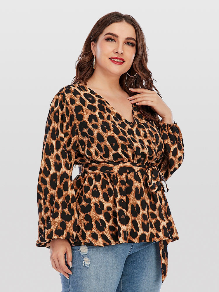 Plus Brown Leopard Print Puff Sleeve Crisscross Wrap Blouse