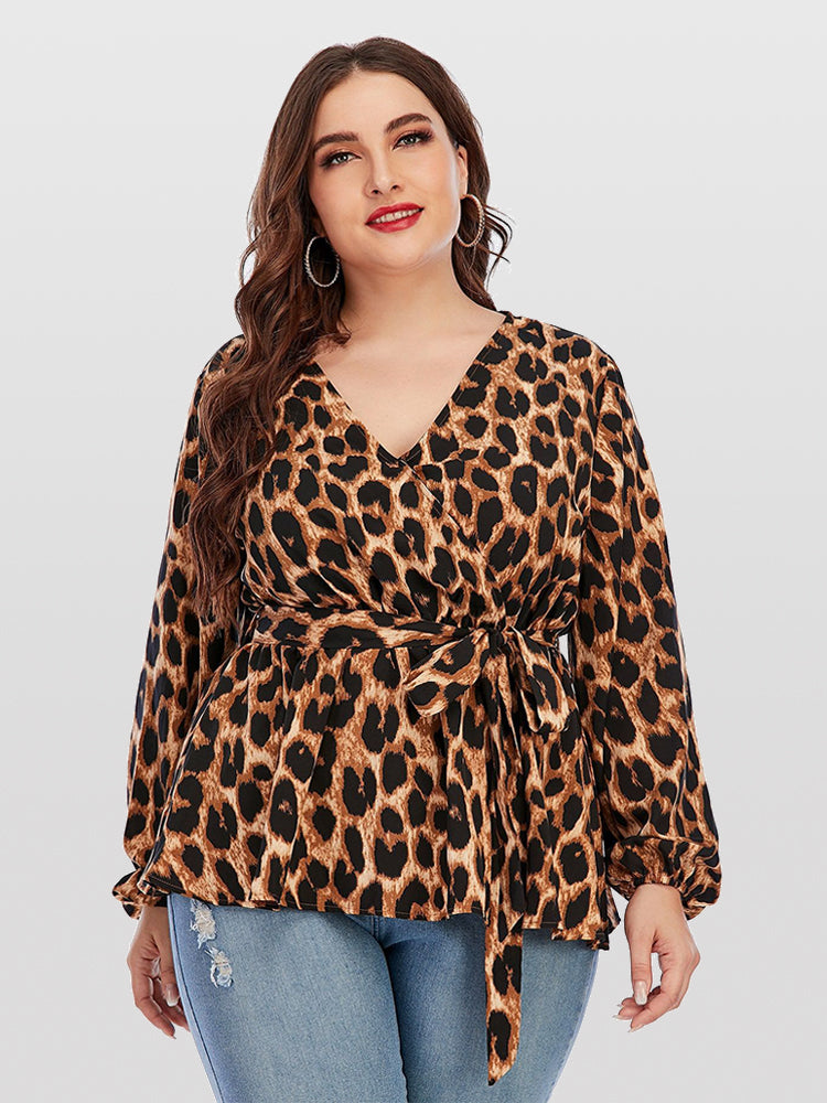 Plus Brown Leopard Print Puff Sleeve Crisscross Wrap Blouse