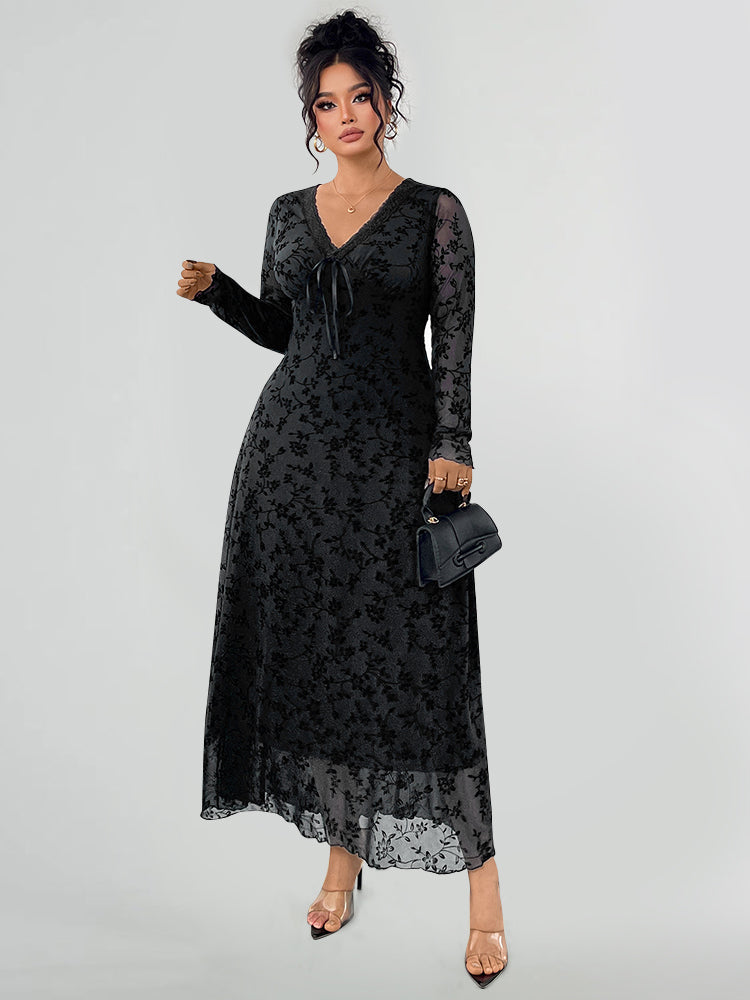 V-Neck Mesh Patchwork Jacquard Dress