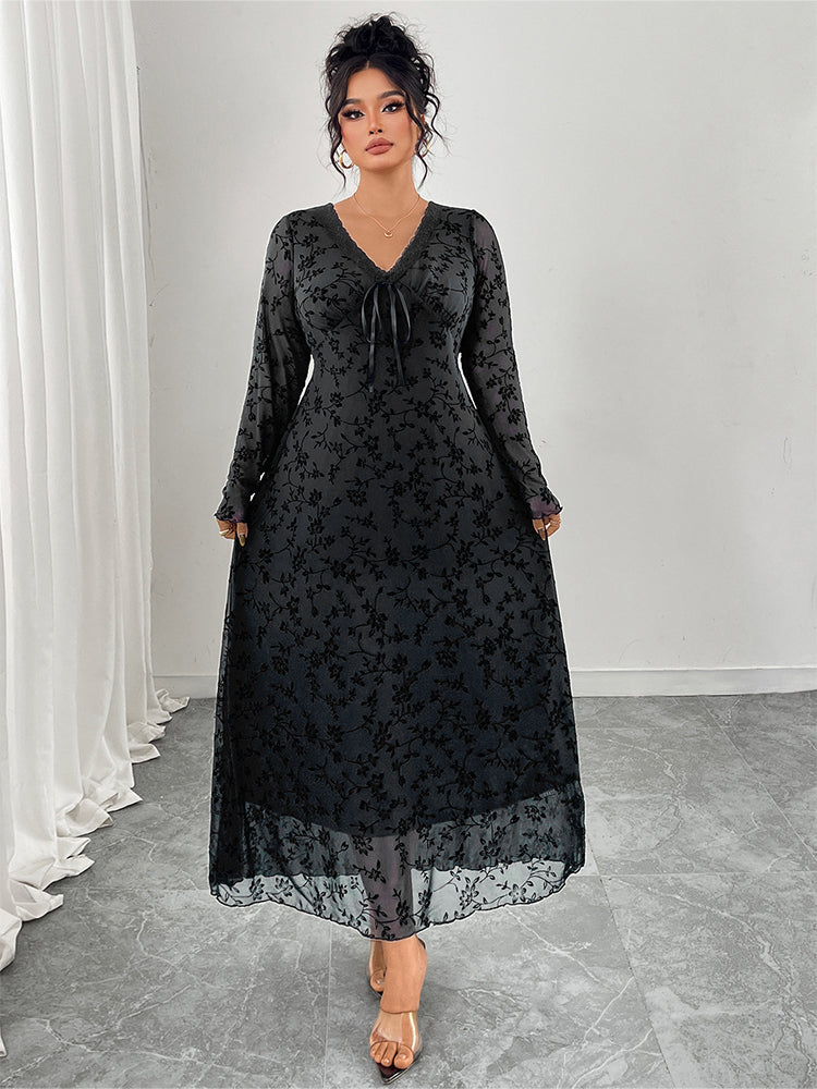 V-Neck Mesh Patchwork Jacquard Dress