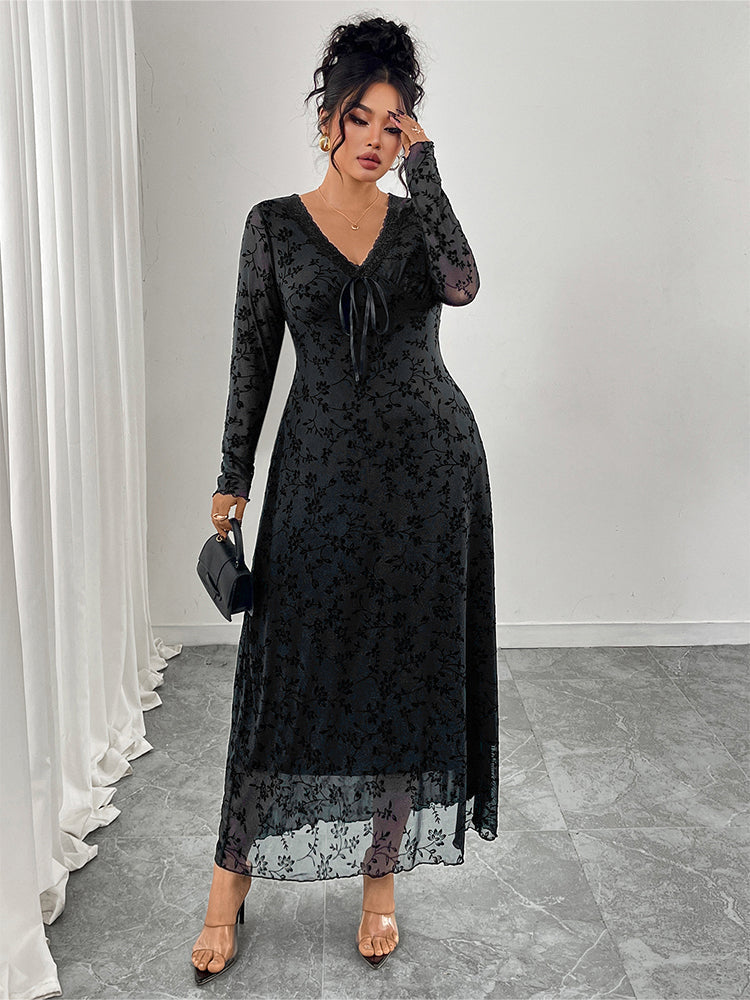 V-Neck Mesh Patchwork Jacquard Dress