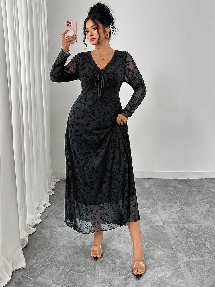 V-Neck Mesh Patchwork Jacquard Dress