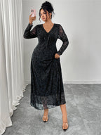 V-Neck Mesh Patchwork Jacquard Dress