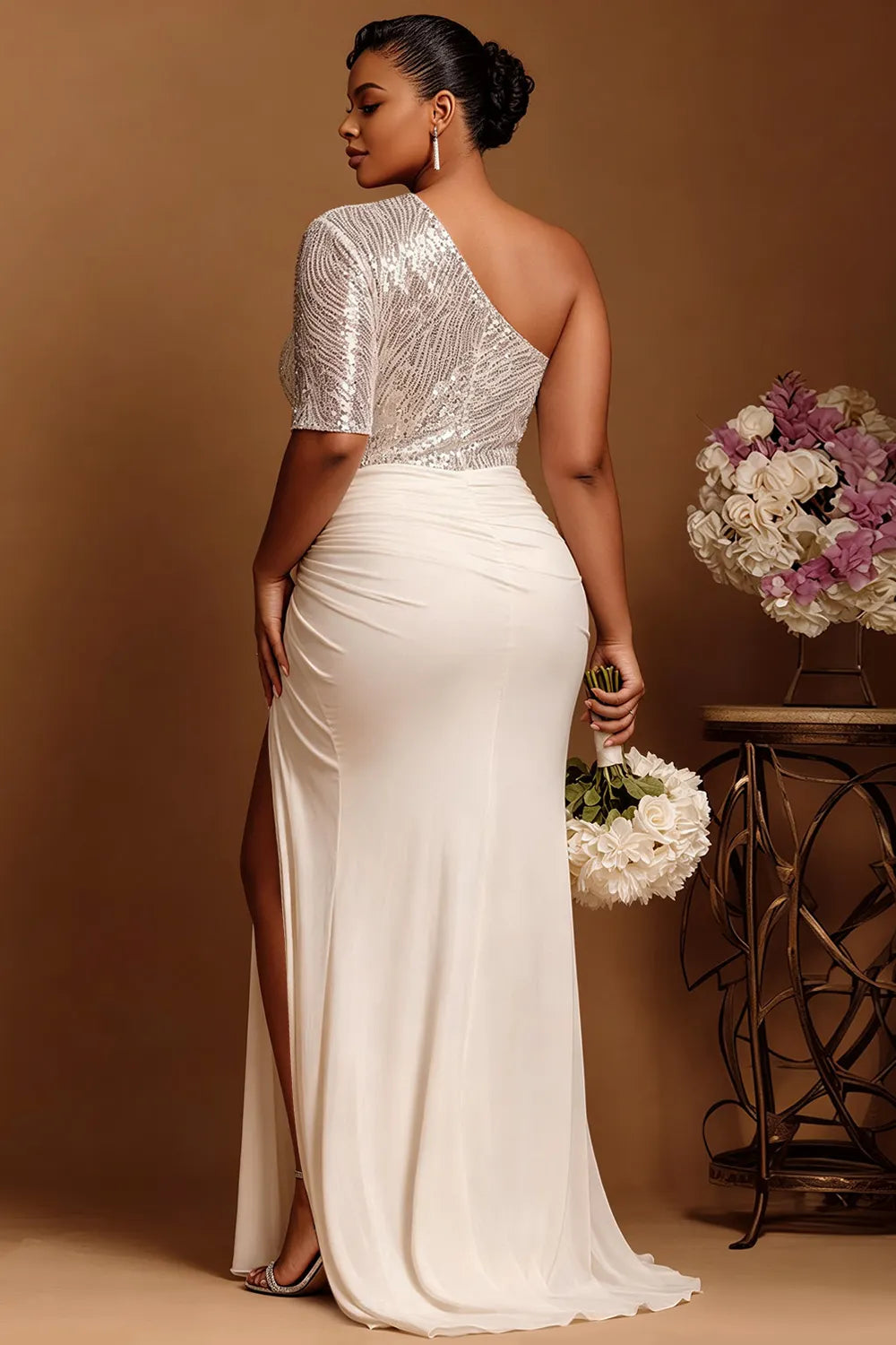 Xpluswear Design Plus Size Wedding Ivory One Shoulder Split Drilling Satin Maxi Dresses