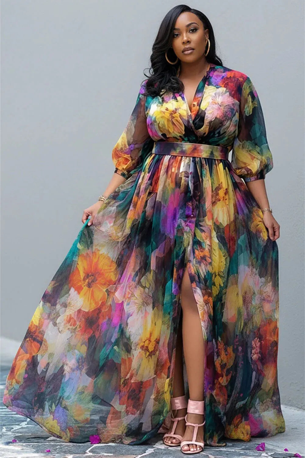 Xpluswear Design Plus Size Vacation Multicolor Floral V Neck Puff Sleeve Half Sleeve Split Chiffon Maxi Dresses