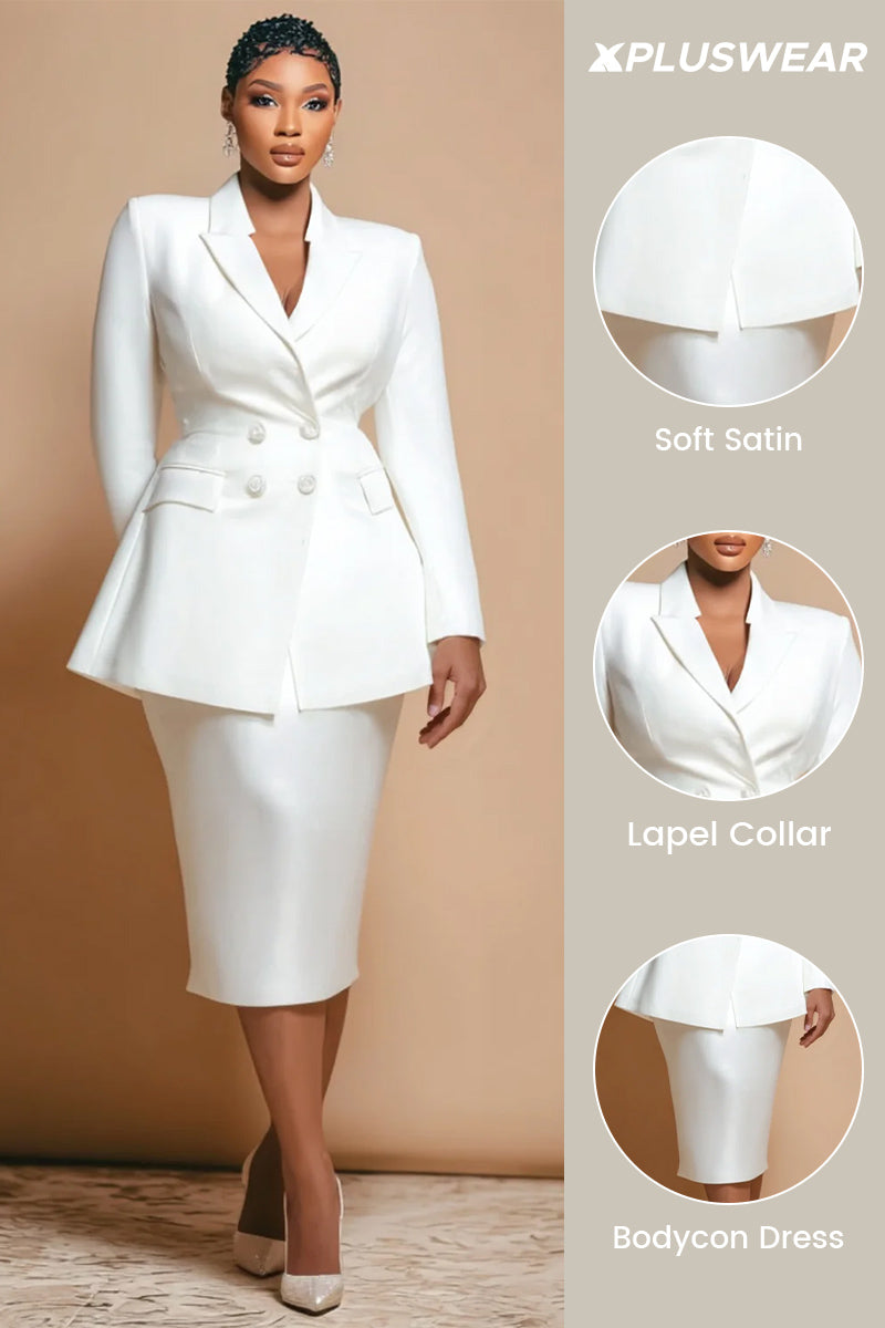 Xpluswear Design Plus Size Business Casual Satin White Lapel Collar Long Sleeve Bodycon Two Piece Skirt Sets