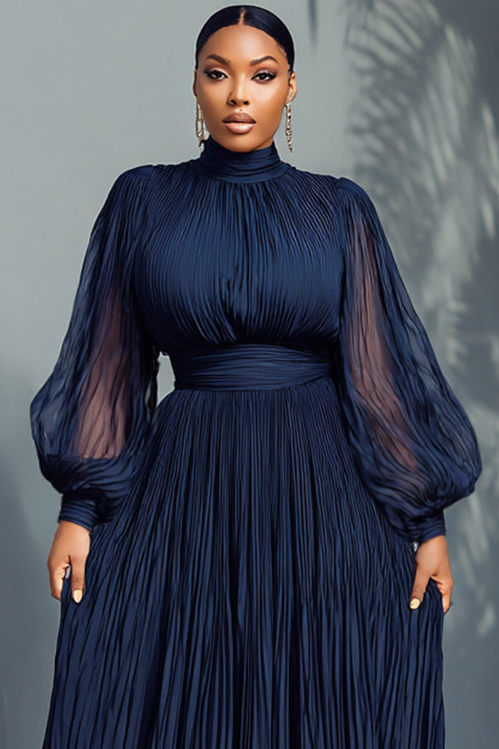 Xpluswear Design Plus Size Churchs Navy Blue Mock Neck Lantern Sleeve Long Sleeve See Through Elegant Ruffled Midi Dresses