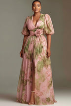 Xpluswear Design Plus Size Wedding Guest Peach Floral V Neck Puff Sleeve Short Sleeve 3D Split Chiffon Maxi Dresses