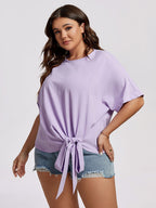 Plus Purple Round Neck Batwing Sleeve Knot Hem Blouse