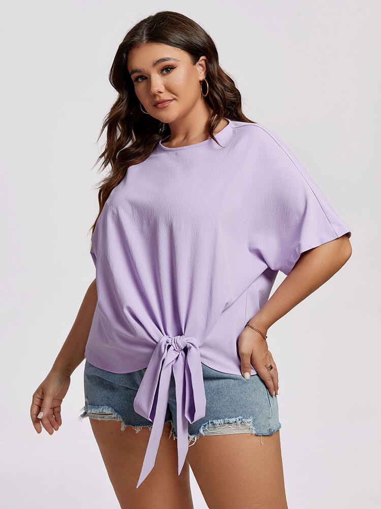 Plus Purple Round Neck Batwing Sleeve Knot Hem Blouse