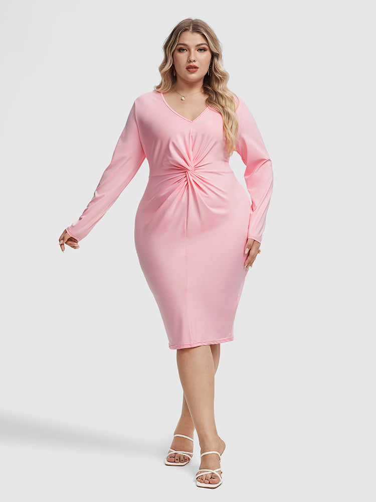 Solid V Neck Twist Front Dress