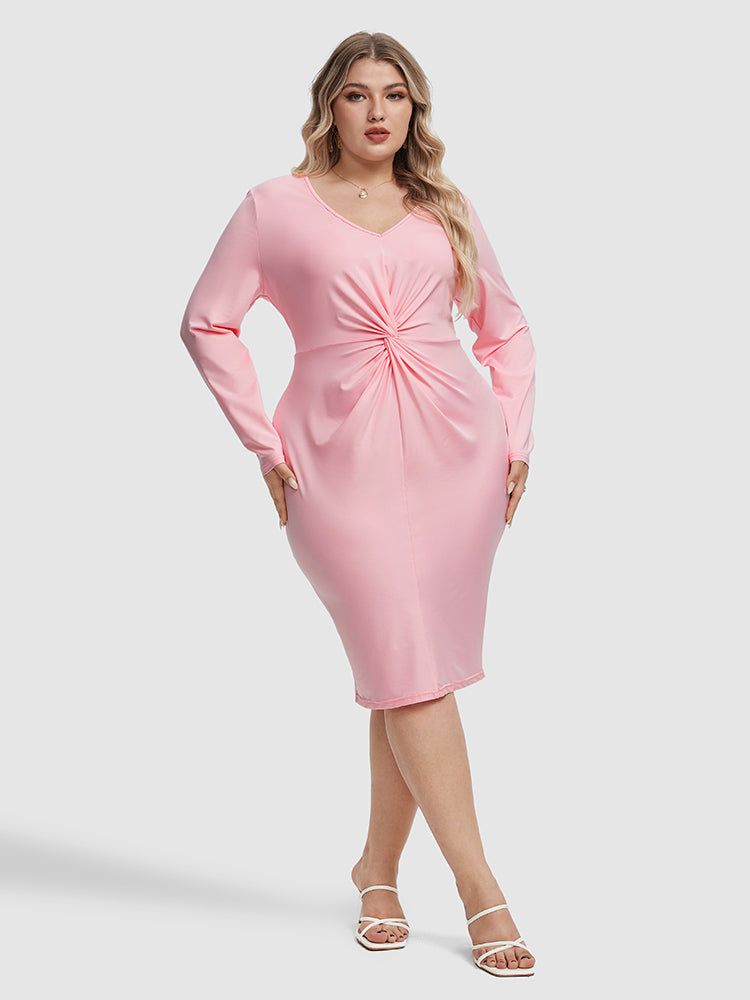 Solid V Neck Twist Front Dress