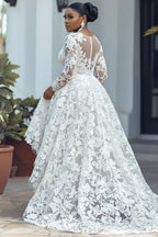 Xpluswear Design Plus Size Wedding White Round Neck Long Sleeve See Through High Low Hem Guipure Lace Midi Dresses