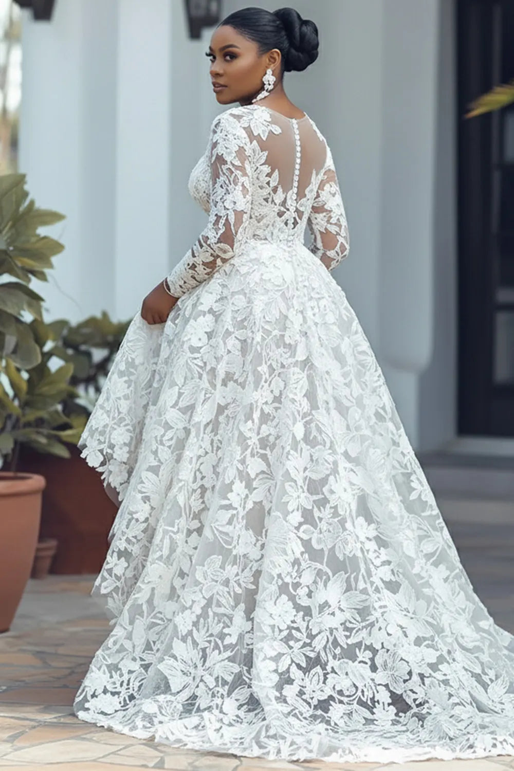 Xpluswear Design Plus Size Wedding White Round Neck Long Sleeve See Through High Low Hem Guipure Lace Midi Dresses