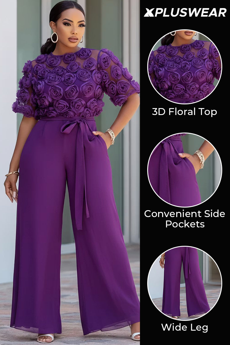 Xpluswear Design Plus Size Formal Purple Round Neck Short Sleeve 3D Wide Leg Jumpsuits