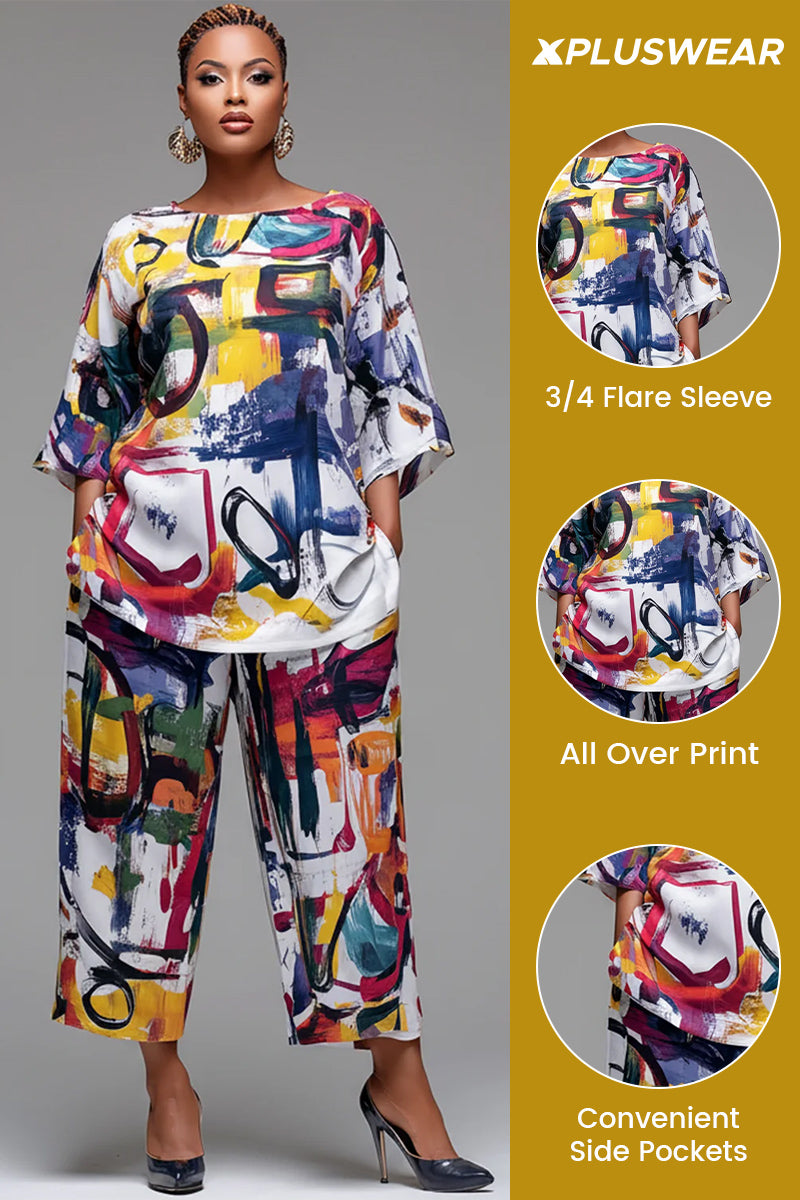 Xpluswear Design Plus Size Vacation Multicolor All Over Print Round Neck Flare 3/4 Sleeve Pocket Two Piece Pant Sets