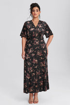 Curveins Plus Size Velvet Surplice Vintage Plain Maxi Dress