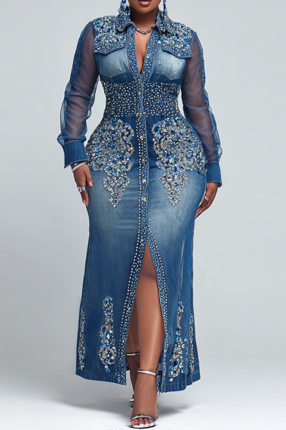 Xpluswear Design Plus Size Party Blue All Over Print Shirt Collar Long Sleeve Button Casual See Through Maxi Dresses