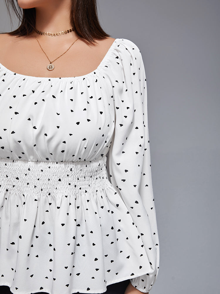Plus Heart Print Square Neck Shirred Blouse