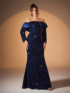Off-Shoulder Sequin Pleated Mermaid Dress