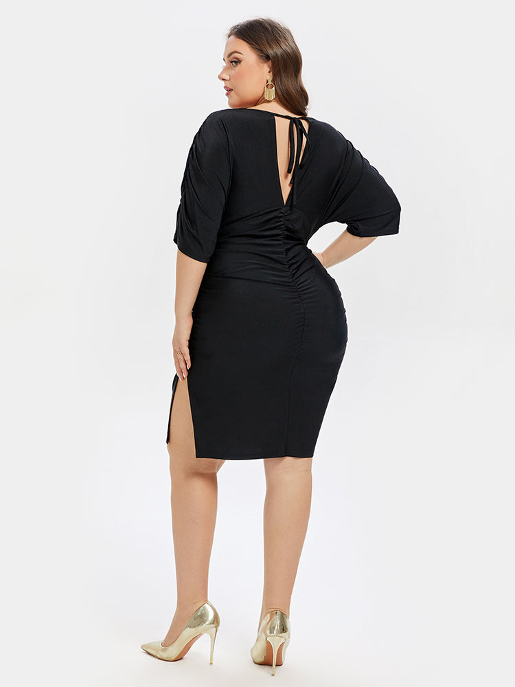 V-Neck Ruched Tie Back Bodycon Dress