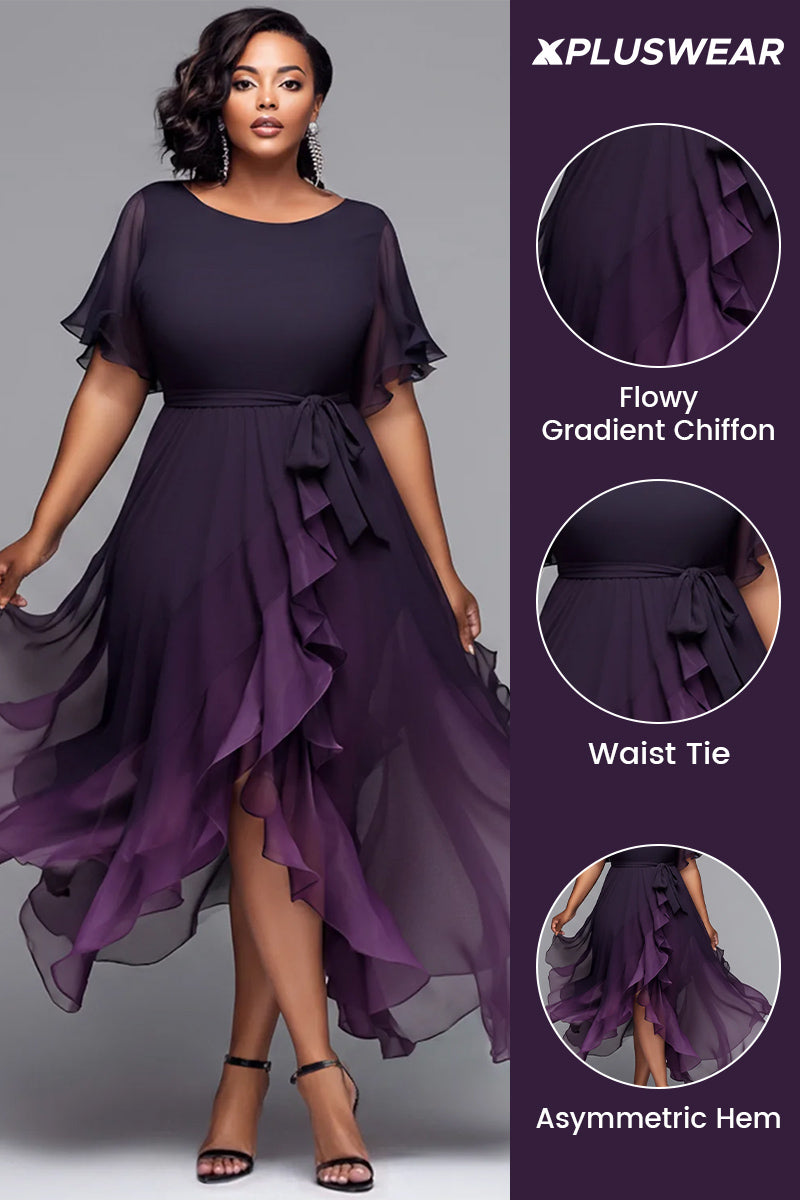 Xpluswear Design Plus Size Cocktail Party Black Gradient Round Neck Short Sleeve Asymmetric Hem Irregular Hem Chiffon Midi Dresses