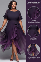 Xpluswear Design Plus Size Cocktail Party Black Gradient Round Neck Short Sleeve Asymmetric Hem Irregular Hem Chiffon Midi Dresses