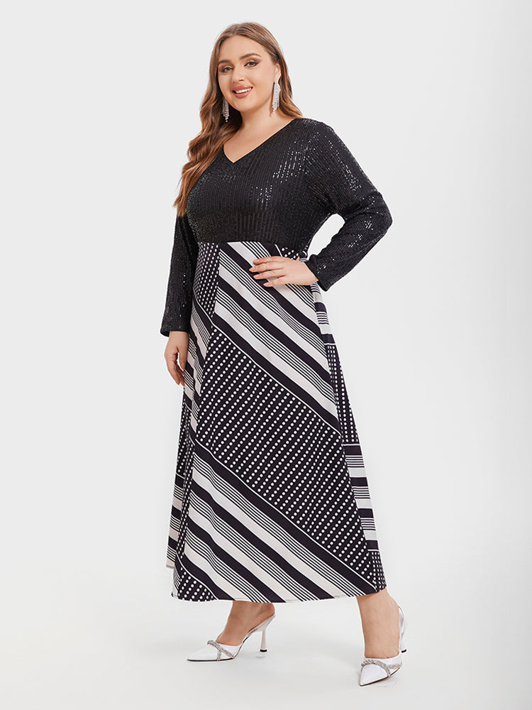 VIP Geo Print & Contrast Sequin Maxi Dress